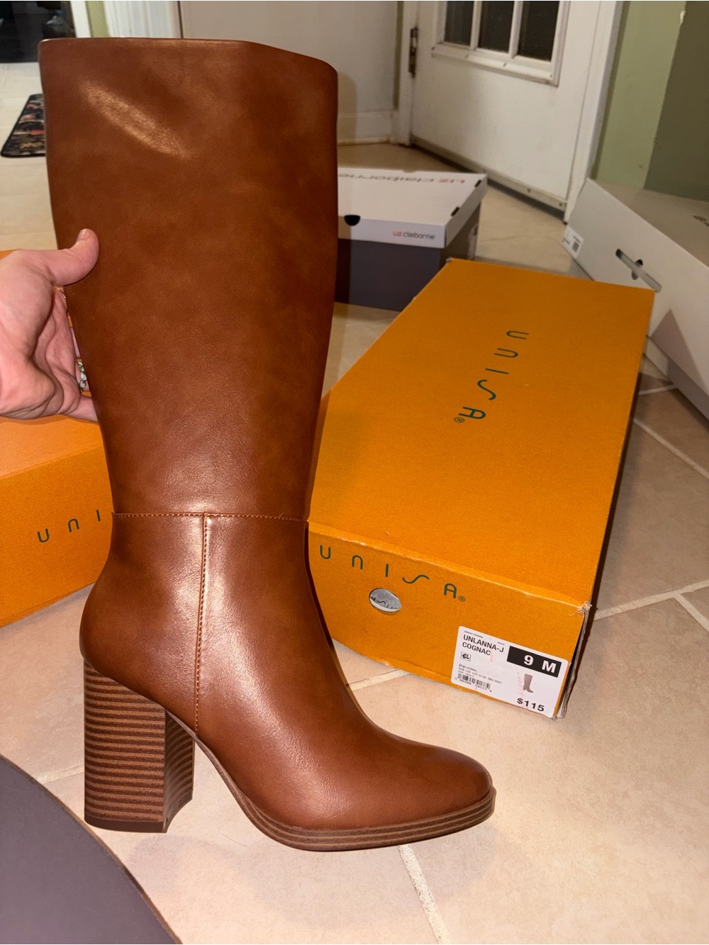 Unisa Cognac Leather Mid-Calf Block Heel Boots
